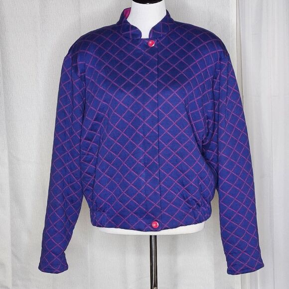 Doncaster Vintage Royal Blue Diamond Print Quilted Pink Lining Zip Front Jacket - Picture 1 of 11